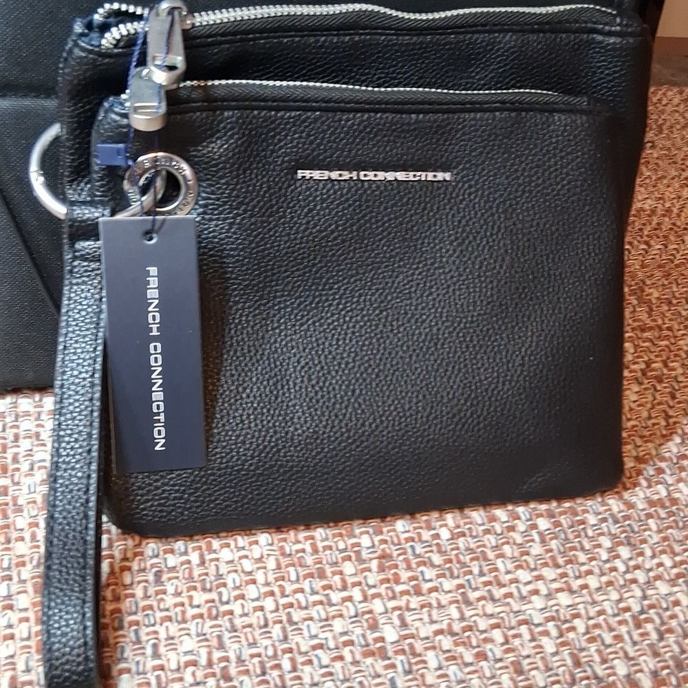 French Connection Wristlet Black Lara Pebble Double Pouches for Men Or Women